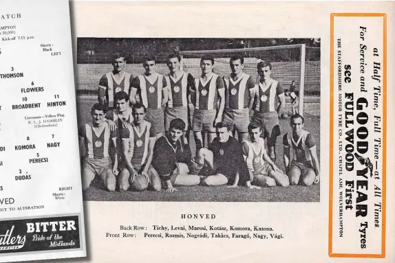  ?? ?? Honved team photo from the back of the 1962 match programme