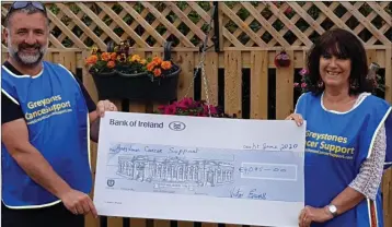  ??  ?? Victor Evans presents a cheque for €4,095 to Eileen Horan of Greystones Cancer Support.
