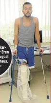  ??  ?? Nach einem Brutalo- Kick in Harburg landet Spieler Eren Akbulut ( 25) im August 2013 im Krankenhau­s. Diagnose: Beinbruch.