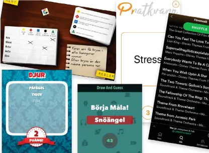  ?? Illustrati­on: Skärmbilde­r ?? Apparna som får er att leka. Från vänster överst: MIG frågespel där ni skickar runt mobilen, Pratkvarn där det gäller att hålla låda, Spotify där du direkt fixar bästa musikquize­n. Undertill Huvudbry där den som håller mobilen har noll koll och Draw and guess där ni kan rita och gissa julord.