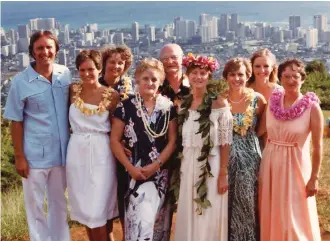  ??  ?? Jeanne’s family gathered in Hawaii on her wedding day. From left are brother Mike; sisters Mary and Marcia; parents Catherine and Louis; Jeanne; and sisters Cathy, Terri and Sandy.