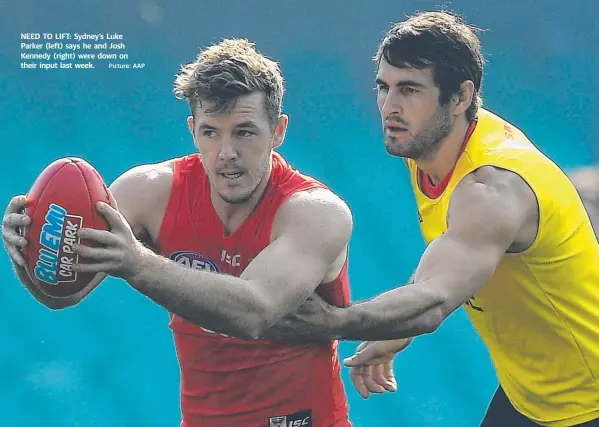  ?? Picture: AAP ?? NEED TO LIFT: Sydney’s Luke Parker (left) says he and Josh Kennedy (right) were down on their input last week.
