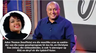  ?? ?? Aden Thomas (hooffoto) vra die moeilike vrae as aanbieder van die nuwe geselsprog­ram Sê Jou Sê, en Chrislynn Sias (inlas), die veldaanbie­der, is ook ’n omroeper op RSG en skryf vir die tydskrif Kuier.