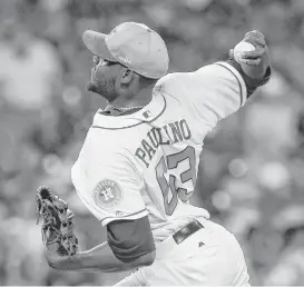  ?? Bob Levey / Getty Images ?? David Paulino pitched six efficient innings for the Astros on Saturday night to earn his first major league victory.