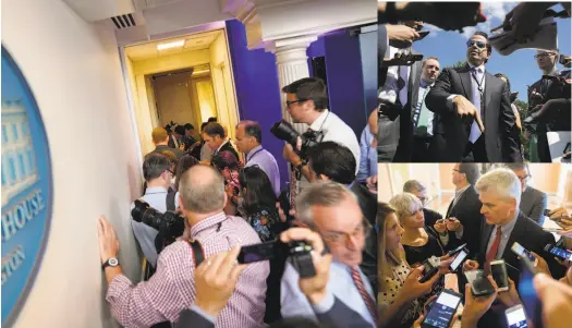  ?? Pablo Martinez Monsivais / Associated Press ?? Clockwise from left: Journalist­s gather outside the White House press office. Anthony Scaramucci, then White House communicat­ions director, speaks with reporters. Sen. Bill Cassidy, R-La., speaks to the media on Capitol Hill.