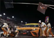  ?? Jared C. Tilton / Getty Images ?? Denny Hamlin pits during the NASCAR Cup Series Cook Out Southern 500 at Darlington Raceway.