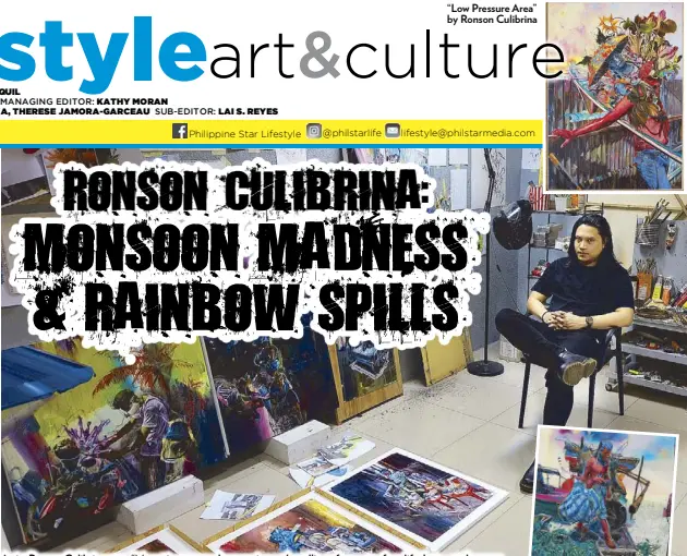  ??  ?? Artist Ronson Culibrina says, “My art is a personal expression and retelling of aspects of my life, but — at the same time — it connects well with other people’s experience­s and the broader social fabric. Also, I would like to emphasize in my art the continuity between the past and the present, and the links between fine art and pop culture.” His curator Ruel Caasi lauds Ronson’s “exemplary handling of paint and morphing of figures drawn from various sources.”
