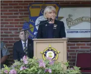  ?? MEDIANEWS GROUP FILE PHOTO ?? In this file photo, former Chester County Sheriff Carolyn “Bunny” Welsh, speaks at an FOP event in West Chester.