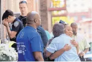  ?? MARY ALTAFFER/ASSOCIATED PRESS ?? Police officers and co-workers react after a prayer service for Miosotis Familia outside the 46th Precinct in the Bronx borough of New York on Wednesday.