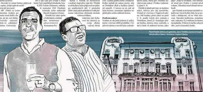  ?? ?? Pavel Kyllar (vlevo) od galeristy Jana Třeštíka (vpravo) koupil středověko­u listinu. Ilustrace: Vojtěch Berka