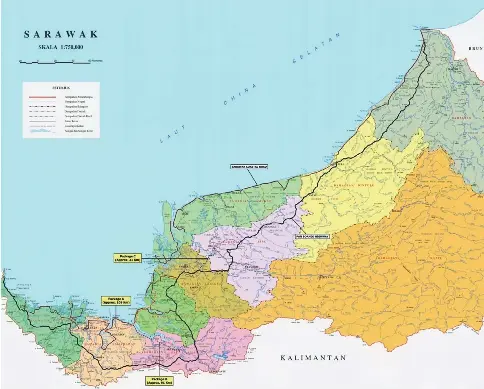  ??  ?? Map shows the Coastal Highway (red lines), Pan Borneo Highway (black line) and Second Trunk Road (in dotted lines).