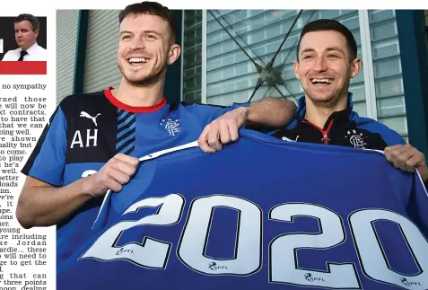  ??  ?? Future sealed: Halliday (left) and Holt show their delight at extending their Rangers contracts until 2020