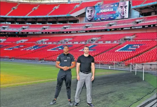  ??  ?? PROMOCIÓN. Joshua y Klitschko pisaron el césped de Wembley para promociona­r la velada. El británico ya boxeó allí en 2014.