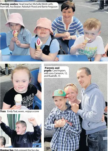  ??  ?? Funday smiles Head teacher Michelle Welsh with, from left, Ava Boylan, Rebekah Flood and Barrie Ferguson Emily Toal, seven, enjoys a cone Parents and pupils Carol Ingram, with sons Cameron, 12, and Ruairidh, 15