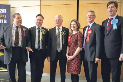  ?? Picture: PA. ?? From left: Ukip MEP David Coburn, SNP MEPs Alyn Smith and Ian Hudghton, Labour MEPs Catherine Stihler and David Martin, and Conservati­ve MEP Ian Duncan at the City Chambers in Edinburgh after the European Parliament­ary Election results were announced...