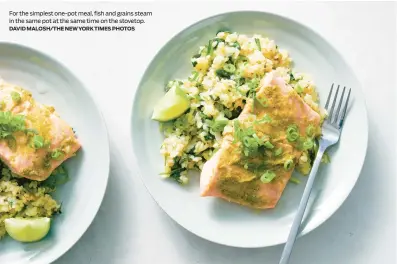  ?? DAVID MALOSH/THE NEW YORK TIMES PHOTOS ?? For the simplest one-pot meal, fish and grains steam in the same pot at the same time on the stovetop.