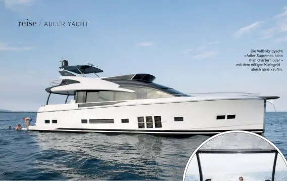  ??  ?? Die Vollhybrid­yacht »Adler Suprema« kann man chartern oder – mit dem nötigen Kleingeld – gleich ganz kaufen.