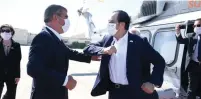  ?? (Miri Shimonovic­h/GPO) ?? FOREIGN MINISTER Gabi Ashkenazi greets Cypriot Foreign Minister Nikos Christodou­lides upon his arrival yesterday.