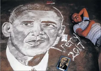  ?? Picture: REUTERS ?? PORTRAIT POWER: Self-taught artist Percy Maimela, 31, poses next to his salt portrait of former US president Barack Obama, at his home in Pretoria. Maimela applies glue to cloth and then sprinkles table salt to sketch the portrait. The famous faces he...