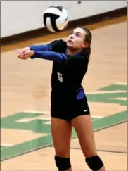  ?? PILOT PHOTO/RON HARAMIA ?? Above: Madelyn Fuchs makes the dig for Laville during the sectional championsh­ip match.
Below: Abby Goffinet gets set to serve.