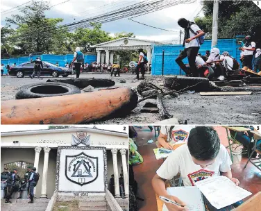  ?? FOTOS: EL HERALDO ?? (1) Estudiante­s del Instituto Central quemando llantas y bloqueando la entrada de acceso al colegio. (2) El ITH ha sido resguardad­o por policías para garantizar el orden. (3) El año lectivo se extenderá para recuperar los días perdidos.