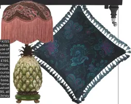  ??  ?? from Top KISS Christmas bauble, £22, House of Hackney; russet heritage lambswool throw, £195, Johnstons of elgin; and Saber loveseat, £3,495; Mamounia Tilia lampshade with Ananas base, £870; and palme Cashmir velvet cushion, £195, all House of Hackney