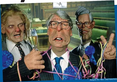  ?? Picture: ITV / REX / SHUTTERSTO­CK ?? Latex line-up: Spitting Image’s 1990 leadership candidates Heseltine, Major and Hurd