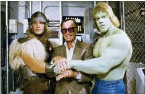  ?? THE ASSOCIATED PRESS ?? Comics impresario Stan Lee, center, poses with Lou Ferrigno, right, and Eric Kramer who portray ‘The Incredible Hulk’ and Thor, respective­ly, in a 1988 movie for NBC, ‘The Incredible Hulk Returns,’ in Los Angeles.