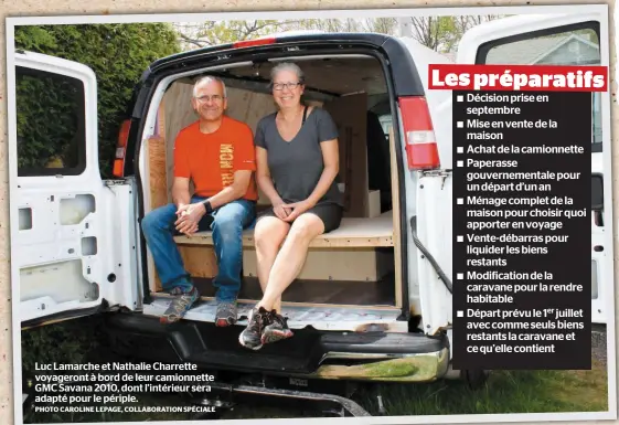  ?? PHOTO CAROLINE LEPAGE, COLLABORAT­ION SPÉCIALE ?? Luc Lamarche et Nathalie Charrette voyageront à bord de leur camionnett­e GMC Savana 2010, dont l’intérieur sera adapté pour le périple.