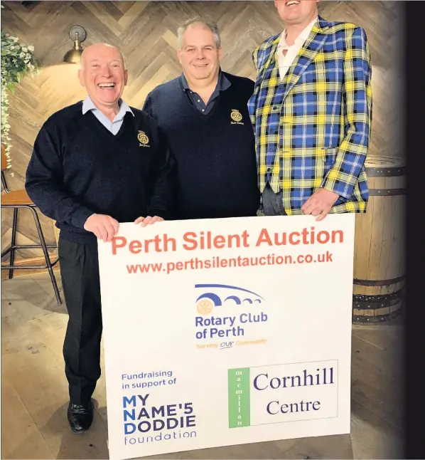  ??  ?? Helping hand
Rotarians Joe Cairns and David Lindsay with rugby legend Doddie Weir