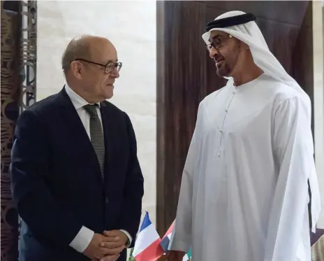  ?? Mohamed Al Hammadi / Crown Prince Court – Abu Dhabi ?? Sheikh Mohammed bin Zayed, Crown Prince of Abu Dhabi and Deputy Supreme Commander of the Armed Forces, receives French foreign minister Jean-Yves Le Drian at Al Shati Palace yesterday