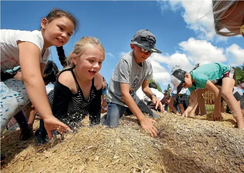  ?? ROBYN EDIE/STUFF 635471542 ?? Madison Heta, 8, of Otautau, Brilee Young, 7, of Otautau, and Josh Irvine, 10, of Invercargi­ll, take part in the children’s Big Dig at the Otautau Car Show.