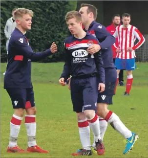  ?? Photos and match report: Derek Black ?? Matty Kelly and Willie Gemmell congratula­te Fraser MacFarlane after he scored Saints second goal in last Saturday’s Scottish Cup tie against FC Clydebank.