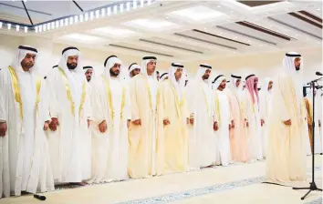  ?? WAM ?? Shaikh Mohammad Bin Zayed offers Eid Al Adha prayers at Shaikh Sultan Bin Zayed The First mosque. Also offering prayers are Shaikh Hazza, Shaikh Tahnoun, Shaikh Saif, Shaikh Mansour Shaikh Abdullah, Shaikh Abdullah Bin Mohammad Bin Khalid Al Nahyan and Shaikh Surour Bin Mohammad Al Nahyan.