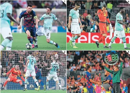  ??  ?? (1) Lionel Messi volvió después de la lesión y acá se quita la marca de Stefano Sensi. (2) En medio de todos, el Pistolero define el dos a uno. (3) El recambio que modificó al Barça: Arturo Vidal por Sergio Busquets. (4) Los jugadores del Inter no pueden creer que en el tramo final se les escapó el empate.