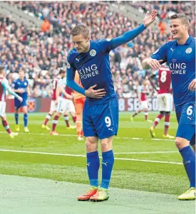  ??  ?? Leicester’s Jamie Vardy celebrates scoring against West Ham.