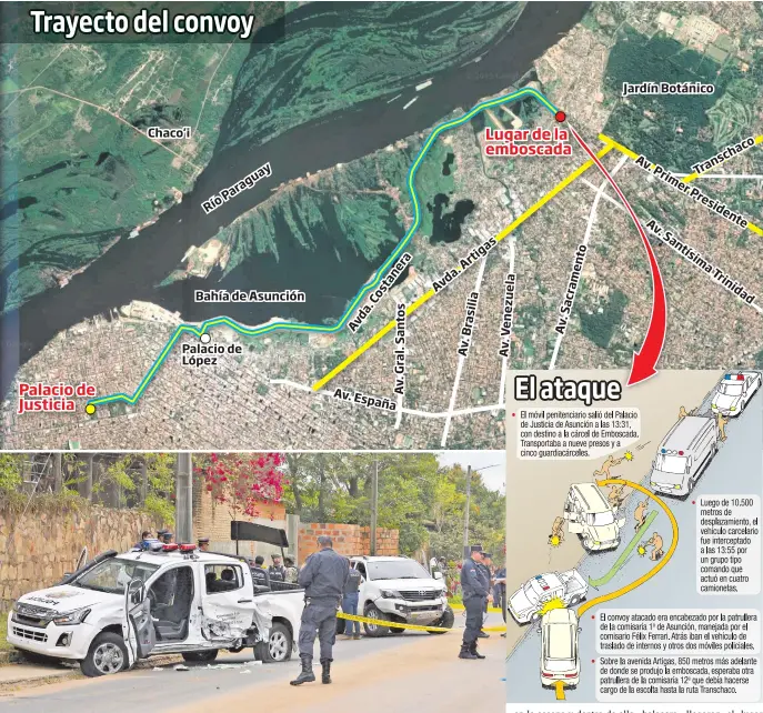  ??  ?? La patrullera M10 que manejaba el comisario Félix Ferrari fue chocada y acribillad­a a tiros. Atrás, el rodado de los criminales.