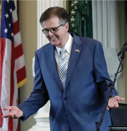  ?? Eric Gay/Associated Press ?? Despite Lt. Gov. Dan Patrick being a key proponent, a Texas version of a North Carolina-style bathroom bill targeting transgende­r people again lurched toward defeat Tuesday, as the House speaker — with backing from business leaders — stood firmly in...