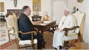  ?? (Vatican Media/Reuters) ?? THEN-US secretary of state Mike Pompeo meets with Pope Francis at the Vatican in 2019.