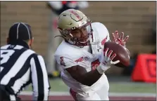  ?? MICHAEL DWYER — THE ASSOCIATED PRESS ?? Boston College wide receiver Zay Flowers makes a touchdown reception during a Nov. 14, 2020 game against Notre Dame in Boston. Is he on the radar of the Patriots?