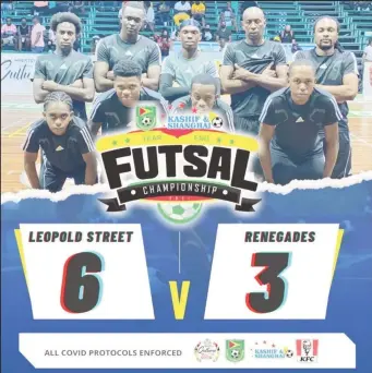  ?? ?? The victorious Leopold Street squad which earned a place in the semi-final of the GFF/Kashif and Shanghai Organizati­on Futsal Championsh­ip at the Cliff Anderson Sports Hall