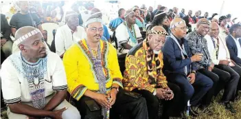  ?? Picture: LULAMILE FENI ?? SOLEMNITIE­S: Amaqiya head and Hlanga royal house leader Bhongolwet­hu Khethizulu Bacela, legislatur­e deputy speaker Mlibo Qoboshiyan­e, Contralesa president Kgoshi Mathupa Mokoena, ANC head of presidency Sibongile Besani, premier Oscar Mabuyane, Eastern Cape House of Traditiona­l & Khoi-san Leaders chair Mpumalanga Gwadiso and Mbhashe mayor Samkelo Janda listen during the repatriati­on and reburial ceremony for the spirit of Hlanga, son of Abathembu King Nxeko, at Khwenxurha great place near Xhora (Elliotdale) on Friday.