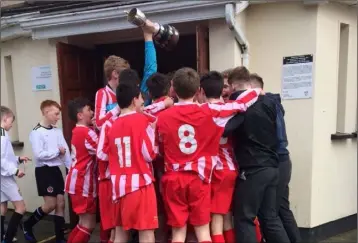  ??  ?? The Gorey Community School boys in their after-match huddle with the spoils of success.