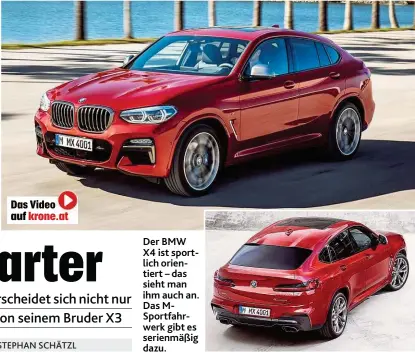  ??  ?? Der BMW X4 istsp o rtlich o rientiert– das siehtman ihm auch an. Das MS p o rtfahrwerk gibtes serienmäß ig dazu.