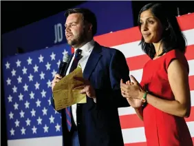  ?? REUTERS ?? Republican US Senate candidate J.D. Vance speaks to supporters next to his wife Usha Vance, at an election party after winning the primary in Cincinnati, Ohio, US on Tuesday.