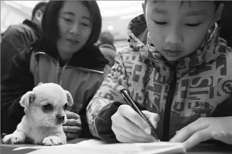  ?? WANG HU / FOR CHINA DAILY ?? A boy signs an agreement to adopt a stray dog in Xiangyang, Hubei province, on Tuesday. The city’s animal shelter held an event at a shopping mall to encourage the adoption of stray dogs, as well as to raise awareness of the humane treatment of animals.