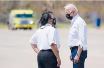  ?? EVAN VUCCI/AP ?? President Joe Biden talks with New Orleans Mayor Latoya Cantrell on Friday as he arrives in Kenner, Louisiana.