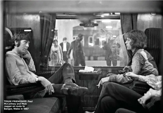  ??  ?? TENSE FRIENDSHIP: Paul McCartney and Mick Jagger en route to Bangor, Wales in 1967