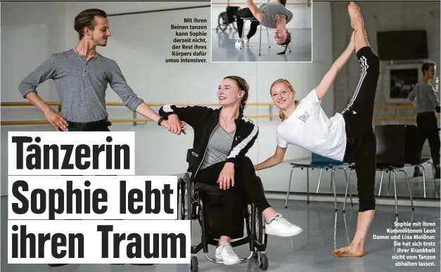  ??  ?? Sophie mit ihren Kommiliton­en Leon Damm und Lina Meißner. Sie hat sich trotz ihrer Krankheit nicht vom Tanzen abhalten lassen.