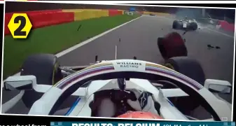  ??  ?? Nowhere to go: George Russell’s on-board camera shows his evasive action (1) as a wheel from Antonio Giovinazzi’s Alfa Romeo (2) veers into his path at 125mph, causing their crash (3)